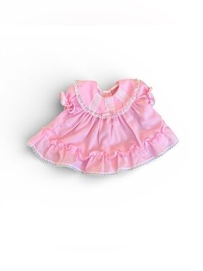 Vintage Handmade Pink Baby Dress with Lace Trim Bow Button Ruffles Sz 0-6 Months